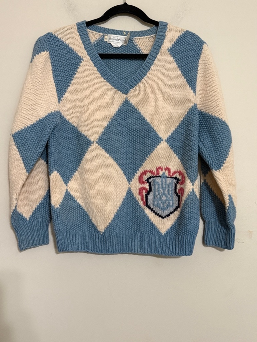 VINTAGE CABLE KNIT Blue Cream Argyle V-Neck Sweater women S Crest Y2K BOXY RETRO